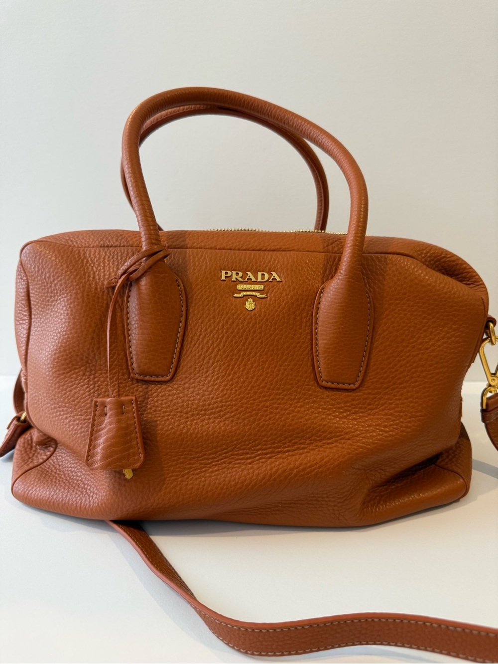 Prada Cognac/Burnt Orange Pebbled Leather Satchel with Gold Hardware